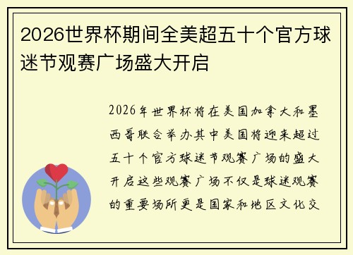 2026世界杯期间全美超五十个官方球迷节观赛广场盛大开启