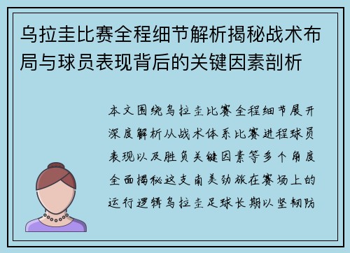 乌拉圭比赛全程细节解析揭秘战术布局与球员表现背后的关键因素剖析